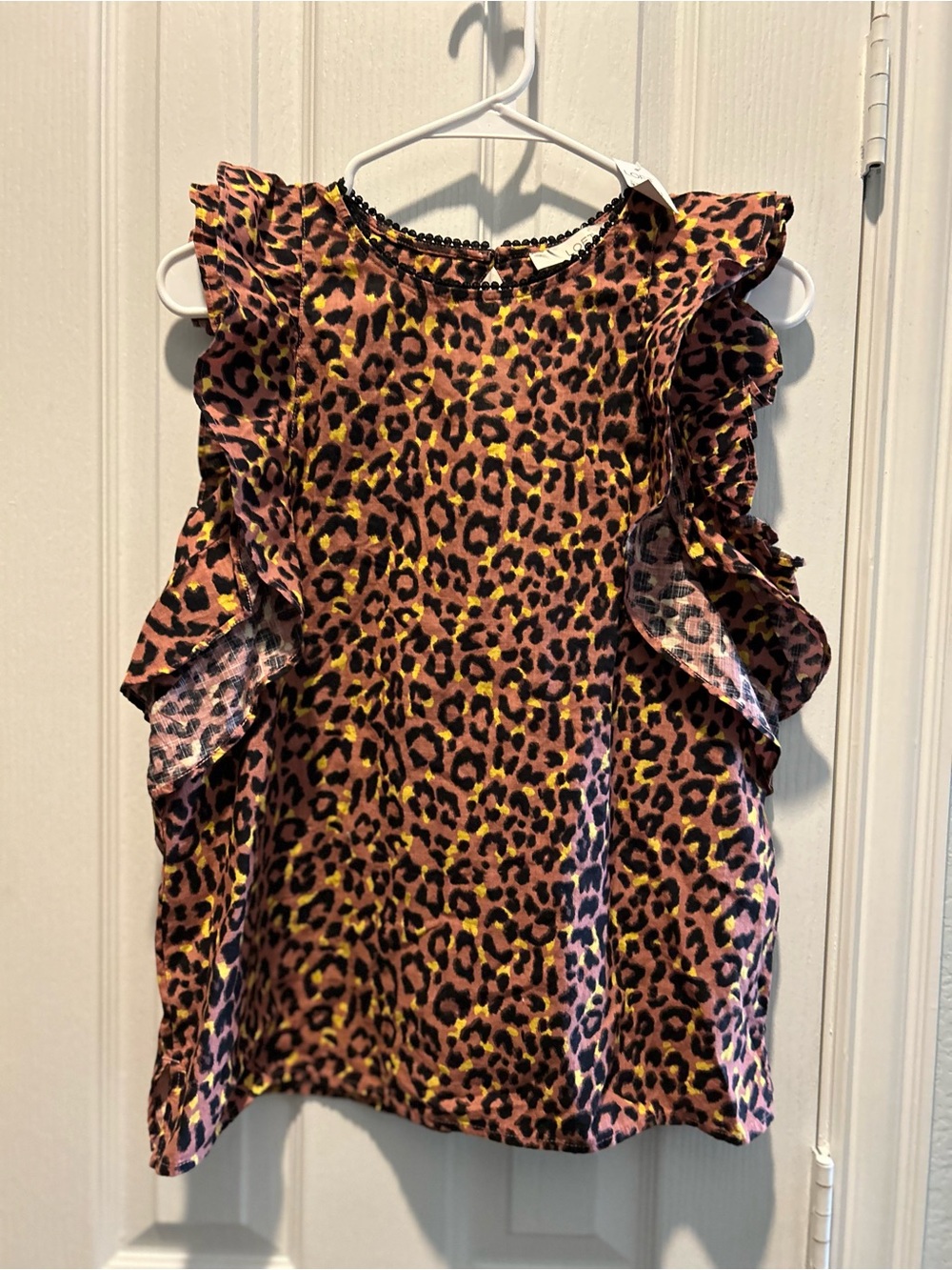 LOFT Pink and Yellow Leopard Ruffle Sleeve Top